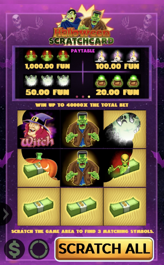 Halloween scratch card mobile gameplay screenshot